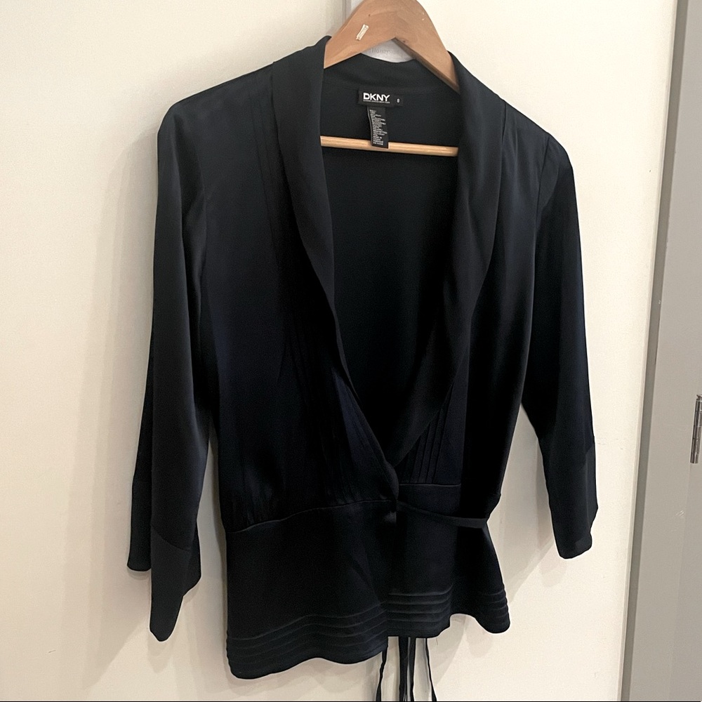 95% Silk Dark Blue Wrap Blouse | DKNY | Size 8
